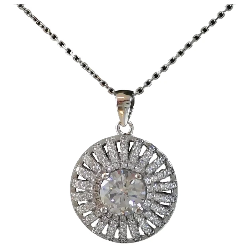 Sunburst pendant necklace 1.5ct central cz in Sterling Silver